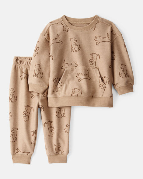 baby boy dog french terry long-sleeve tee & pant set - brown