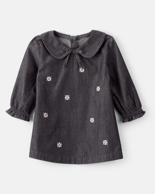 Product image 1 of Baby Girl Floral Motif Chambray Long-Sleeve Dress - Grey