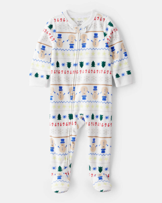 Product image 1 of Baby Snowman Fair Isle Fleece Long-Sleeve Loose Fit 1-Piece Pajamas - White