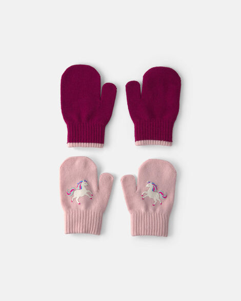 toddler girl 2-pack unicorn mittens - pink/burgundy
