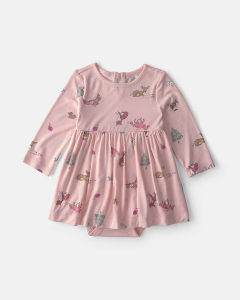 baby girl woodland purelysoft™ long-sleeve bodysuit dress - pink
