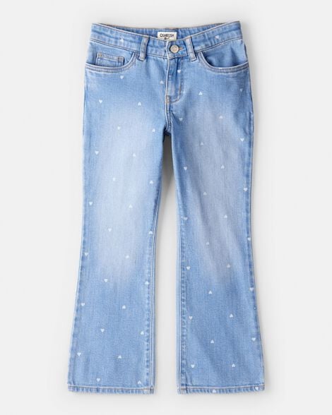 Girls Medium Wash Heart Print Flared Jeans