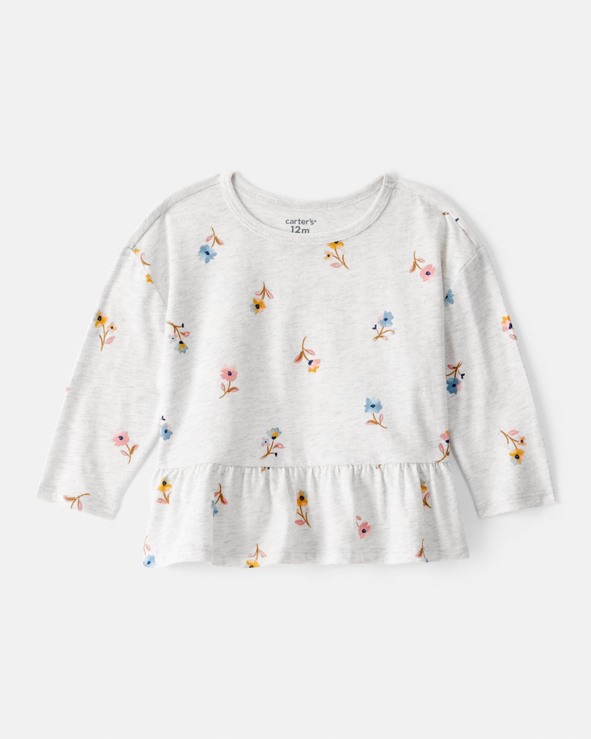 Baby Girl Floral Long-Sleeve Peplum Top - Grey