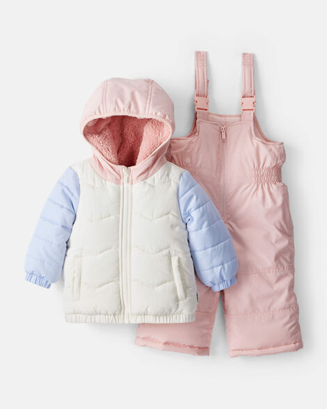 baby girl 2-piece color block hooded snowsuit jacket & bib set