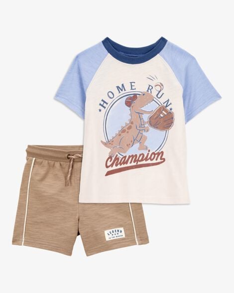 Product image 1 of Toddler 2-Piece Dinosaur Baseball Tee & Pull-On Shorts Set - Cream/Brown