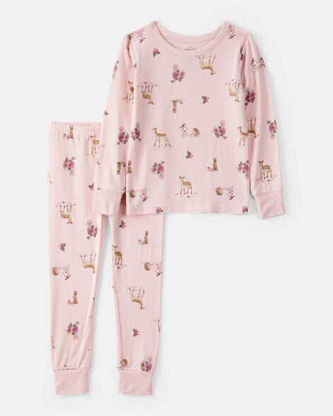 girls deer & floral print purelysoft long-sleeve 2-piece pajamas - pink