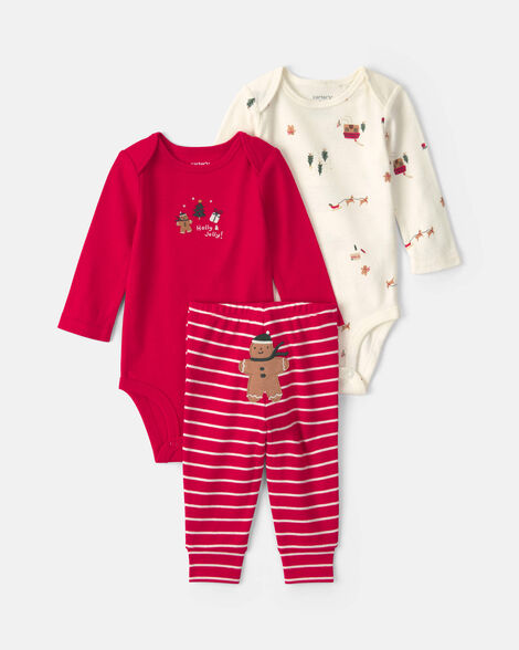 baby 3-piece gingerbread long-sleeve bodysuit & pant set - red/cream