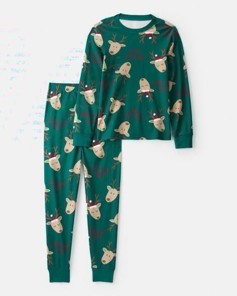 adult reindeer 100% cotton snug fit 2-piece pajamas - green
