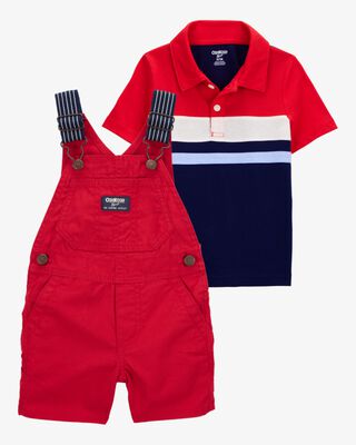 Product image 1 of Toddler 2-Piece Striped Polo & Shortalls Set - Red/Blue
