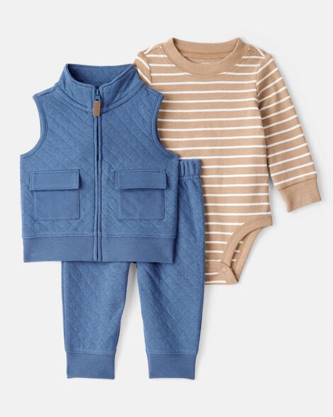 baby boy 3-piece quilted vest outfit set - blue/brown