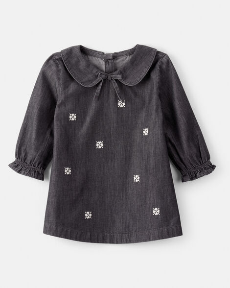 Baby Girl Floral Motif Chambray Long-Sleeve Dress - Grey