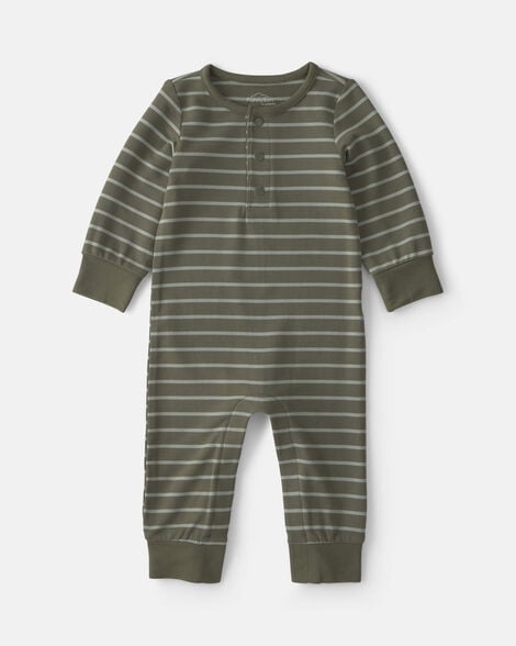 baby boy striped purelysoft™ long-sleeve jumpsuit - olive green