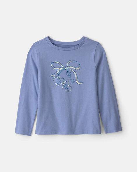 girls bow keychain long-sleeve graphic tee - purple