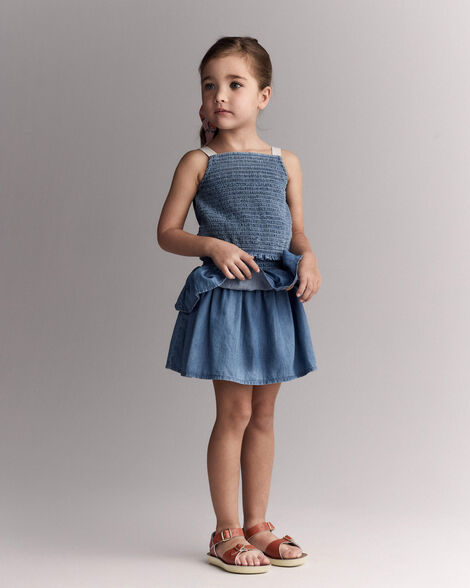 Toddler Girl Smocked Tiered Skirt in Chambray