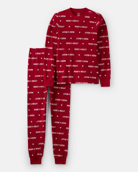 adult merry & bright christmas cotton long-sleeve 2-piece pajamas - red