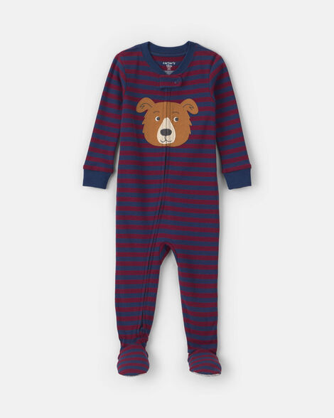 toddler boy 1-piece dog striped 100% cotton snug fit footed pajama - burgundy/blue