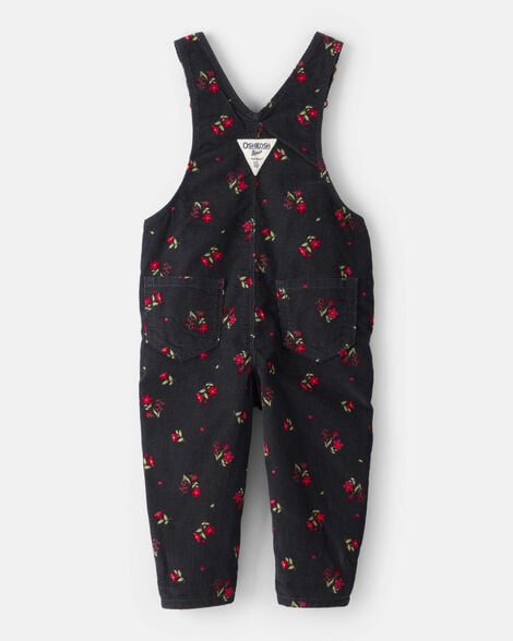 Baby Girl Floral Print Corduroy Overalls - Black