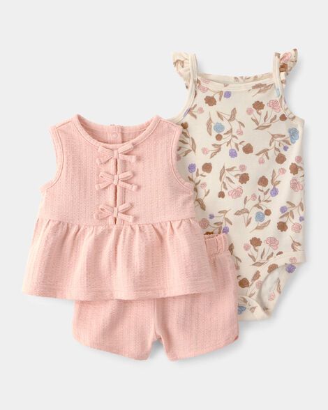 baby girl 3-piece floral top, bodysuit & short set - pink/cream