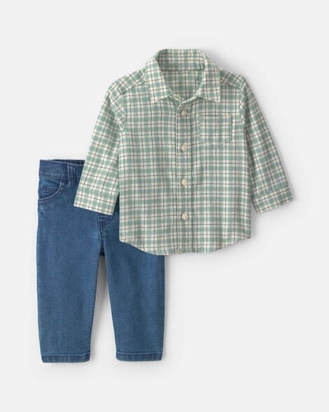 baby boy 2-piece plaid flannel long-sleeve top & pant set - green/indigo
