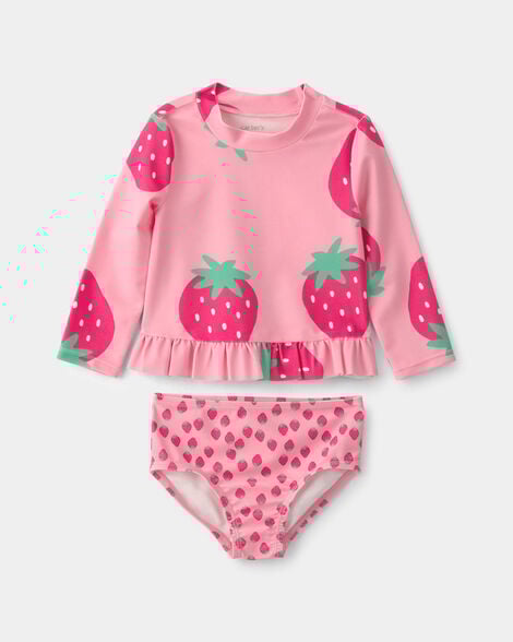 baby girl 2-piece strawberry rashguard swimsuit set - pink