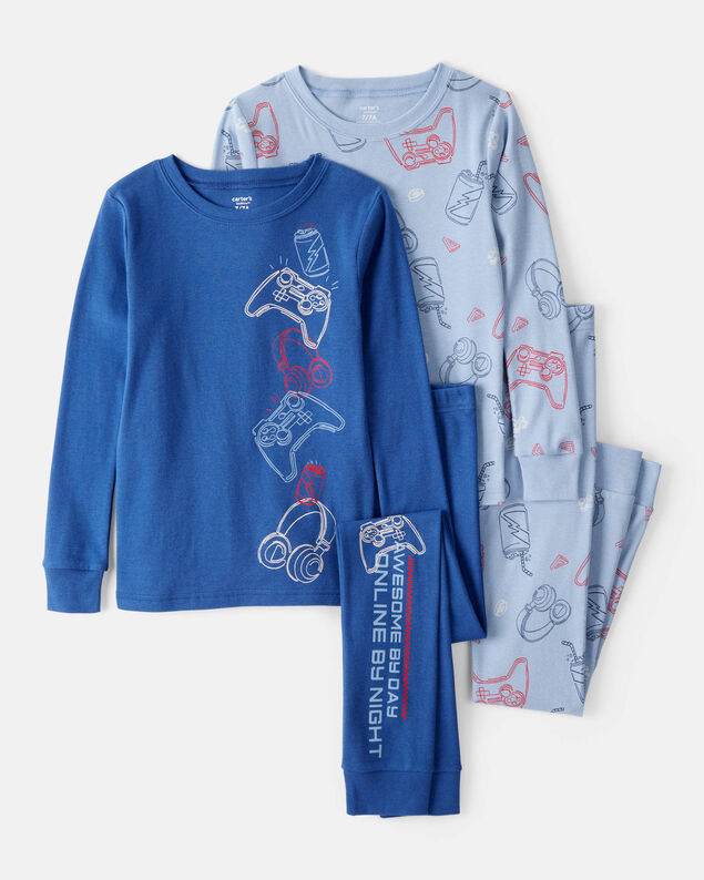 Product image 1 of Boys Gaming Print 100% Cotton Long-Sleeve 4-Piece Pajamas - Blue