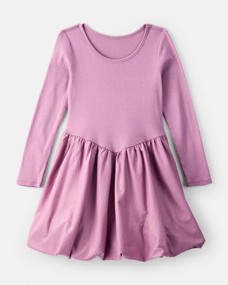 Girls Long Sleeve Cotton Bubble Dress - Purple