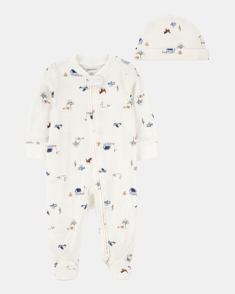 baby 2-piece 2-way zip sleep & play & cap set - ivory/blue