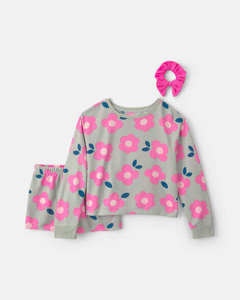 girls floral loose fit 3-piece pajama set - pink