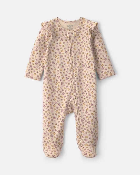 baby girl floral 100% cotton 2-way zip sleep & play pajamas - cream