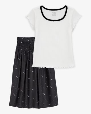 Product image 1 of Kid 2-Piece Pointelle Tee & Bow Print Maxi Skirt Set - Black/White