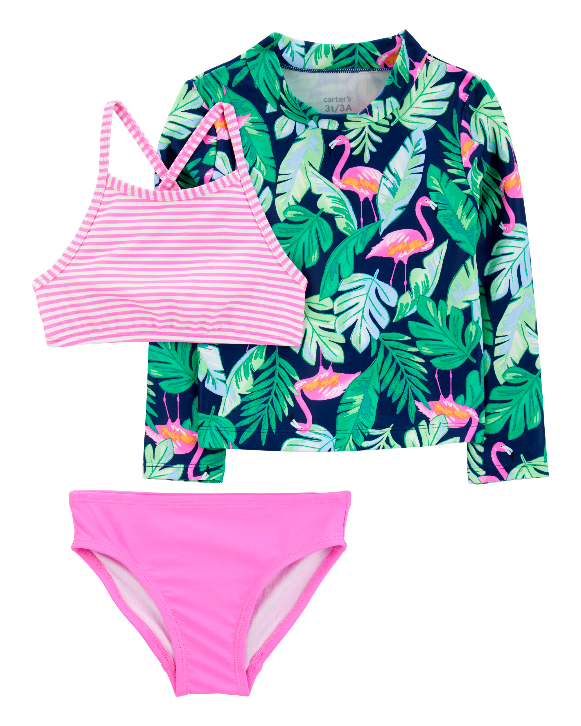 Toddler Girl 3-Piece Tropical Flamingo Print Rashguard Swim Set
