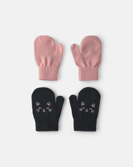 toddler girl 2-pack cat halloween mittens - black/pink