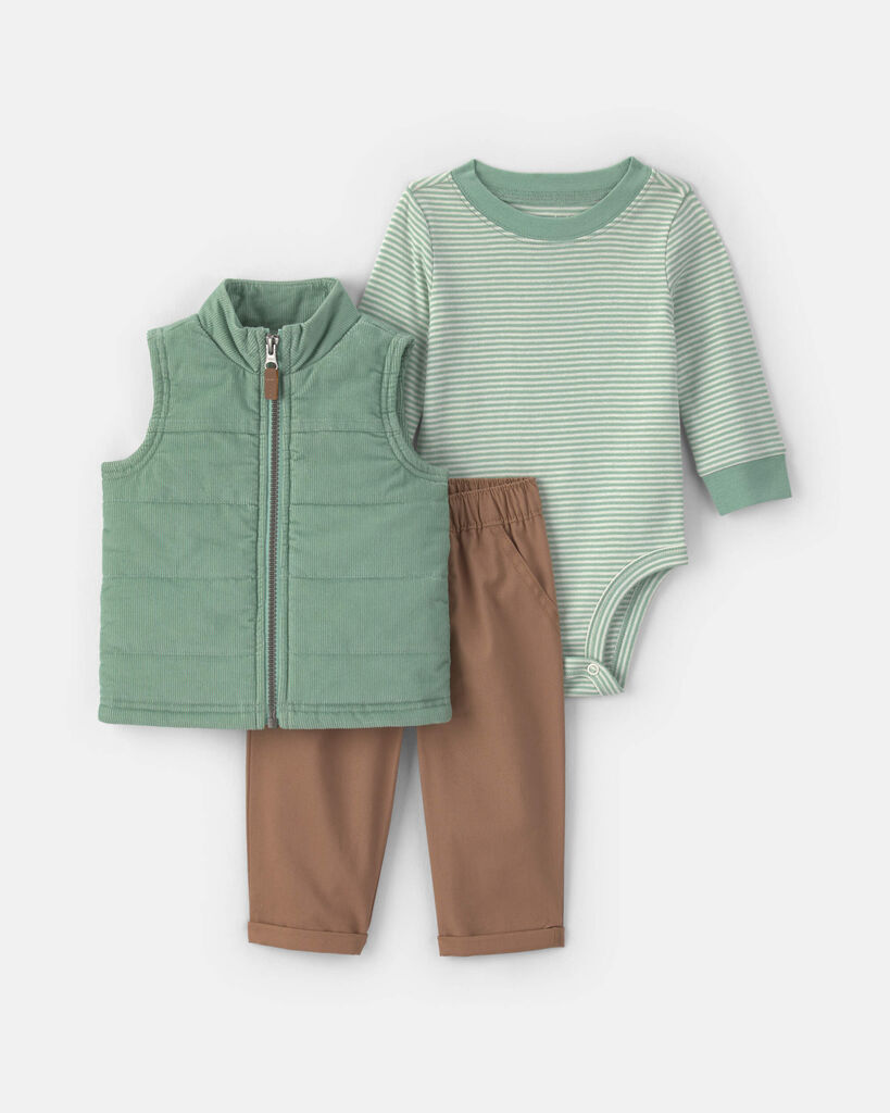 Carter's Baby Boys' Full-Zip Corduroy Vest, Bodysuit and Pants, 3-Piece Set - Green