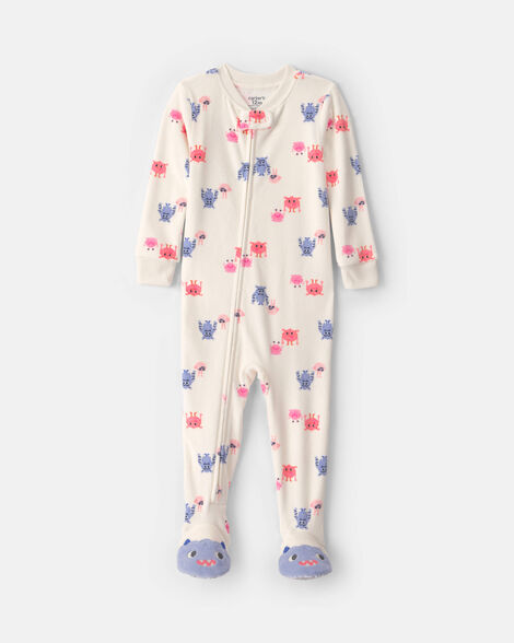 baby girl 1-piece monster 2-way zip dreamplush snug fit footed pajama - cream