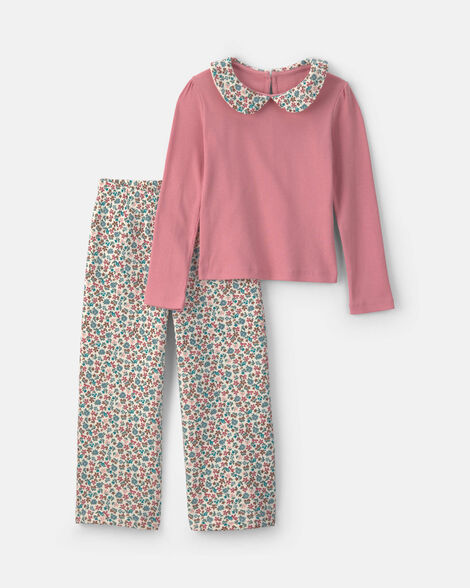 girls 2-piece floral fleece long-sleeve top & pant set - pink