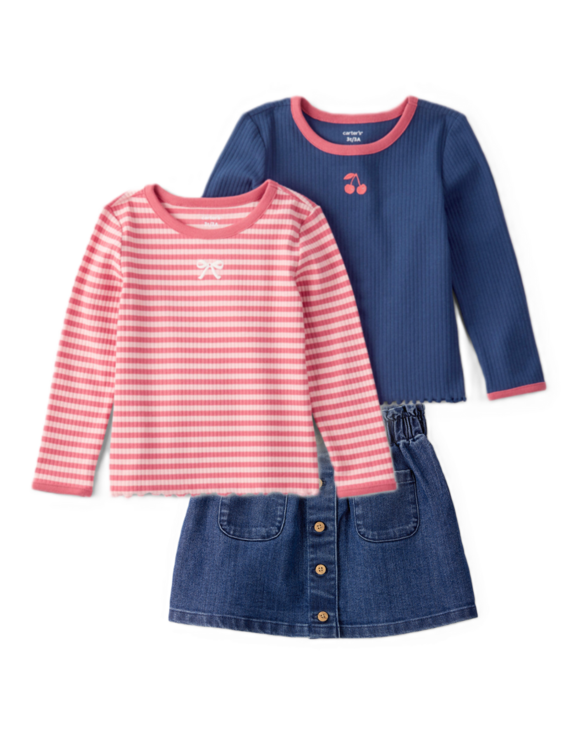 Baby Girl 3-Piece Long-Sleeve Tops & Denim Button-Front Skirt Set - Multi
