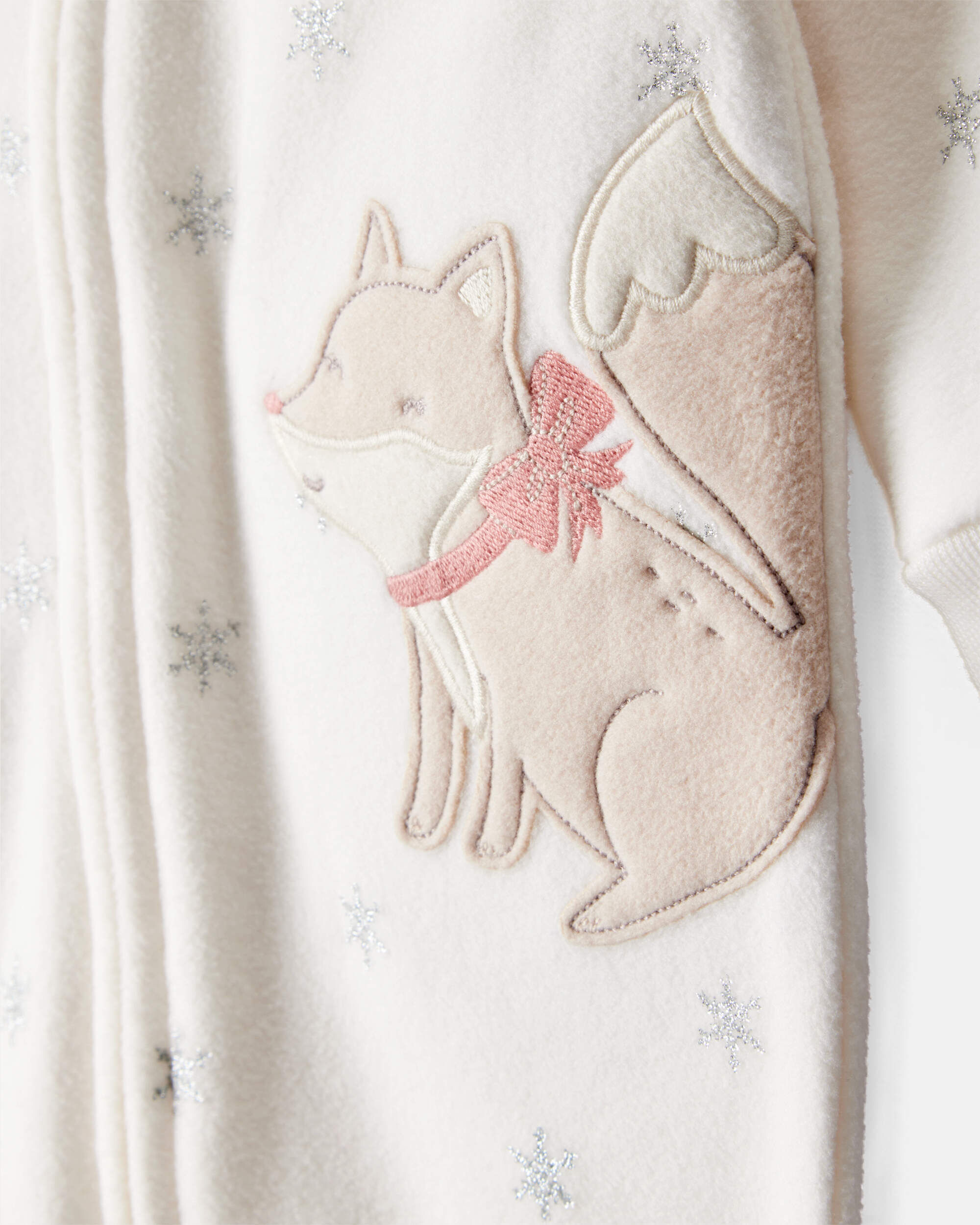 Baby Girl Fox Sparkle Print Loose Fit Long-Sleeve Sleep & Play Pajamas - White