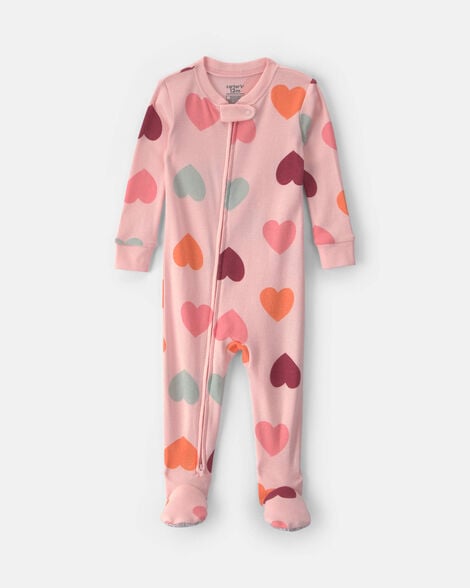 baby girl 1-piece heart 2-way zip 100% cotton snug fit footed pajama - pink
