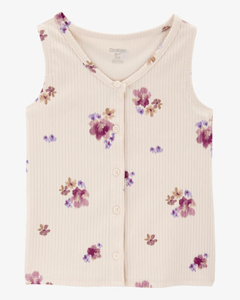 Kid Floral Print Button-Down Ribbed Tank - Ivory