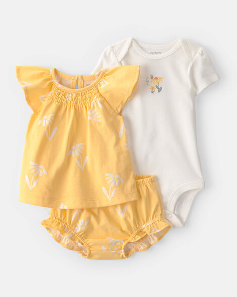 baby girl 3-piece flower outfit set - yellow/white