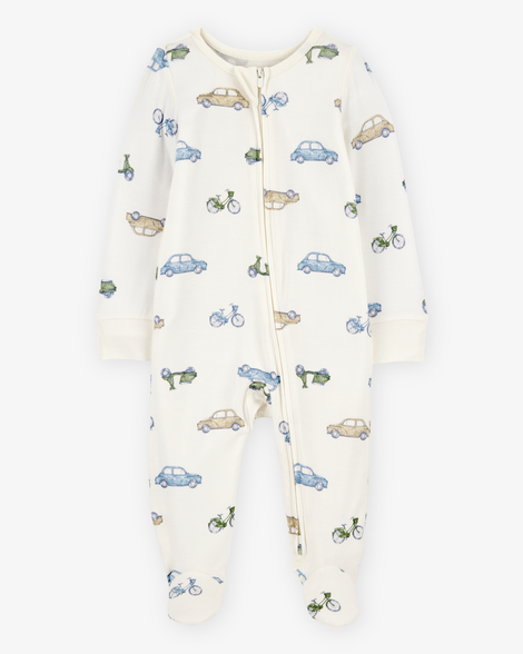baby boy car print 2-way zip purelysoft sleep & play pajamas - ivory