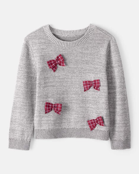 toddler girl bow cotton long-sleeve sweater - grey