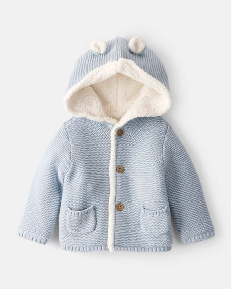 baby boy sherpa lined cotton long-sleeve jacket - blue