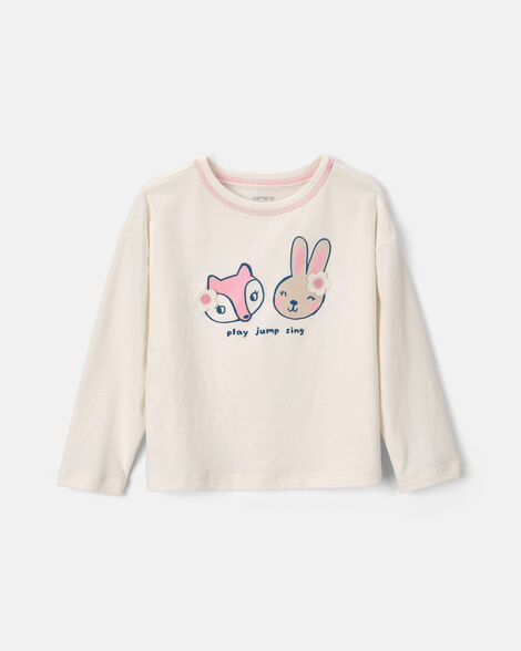 toddler girl 'play jump sing' fox & bunny long-sleeve top - cream