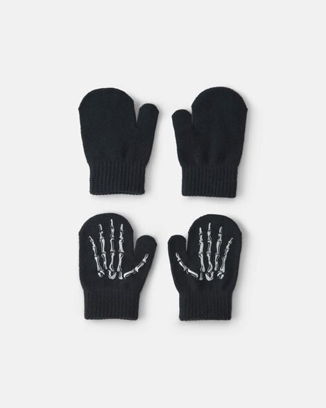 toddler boy 2-pack skeleton halloween mittens - black