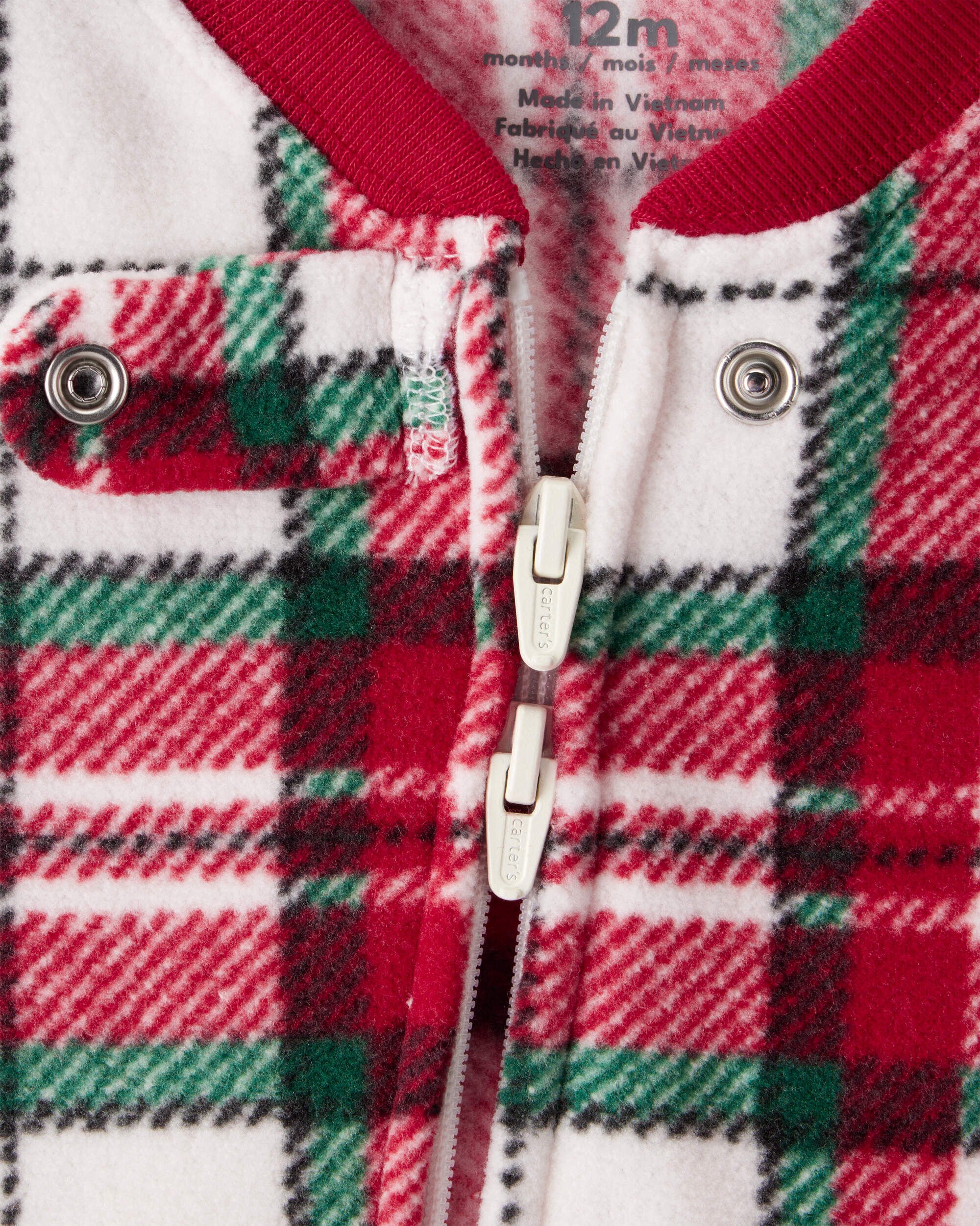 Baby Plaid Print Fleece Long-Sleeve Loose Fit 1-Piece Pajamas - Red/White