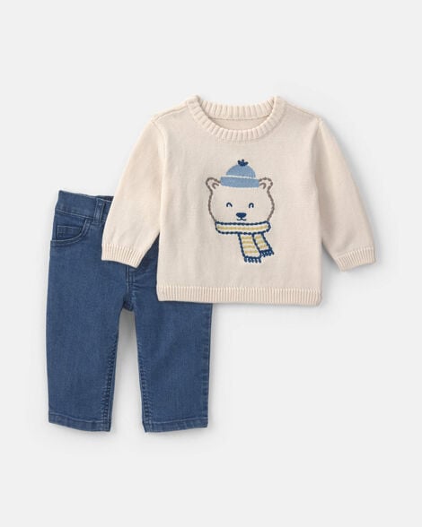 baby boy 2-piece polar bear sweater & denim pant set - cream/indigo