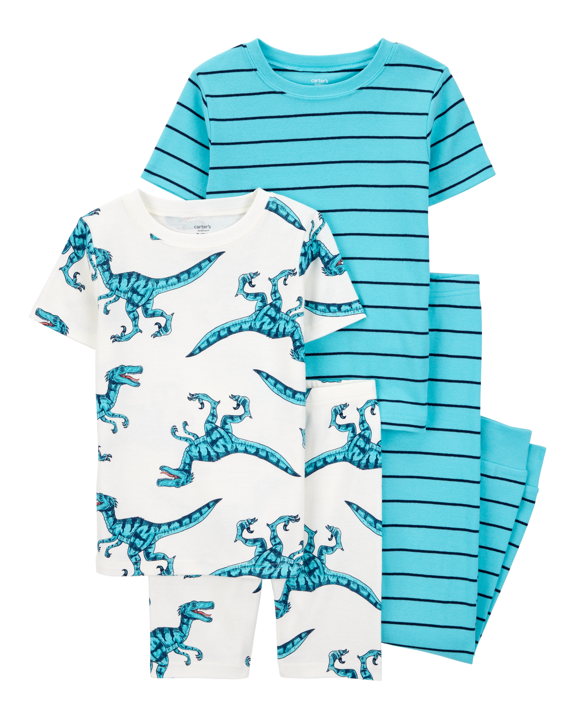 Boys 4-Piece Striped Dinosaur 100% Snug Fit Cotton Pajamas - Turquoise