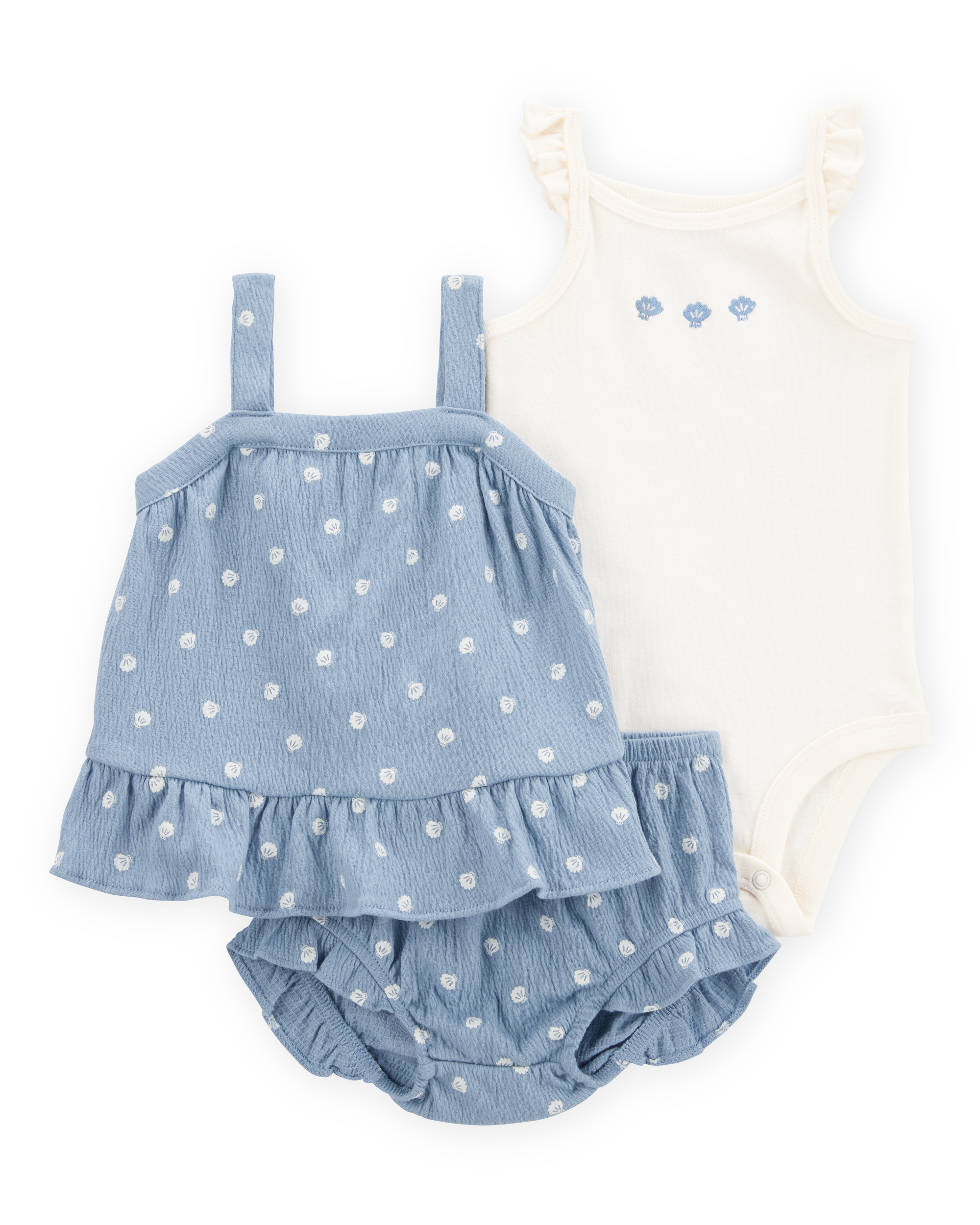 Baby Girl 3-Piece Shell Print Outfit Set - Blue/White