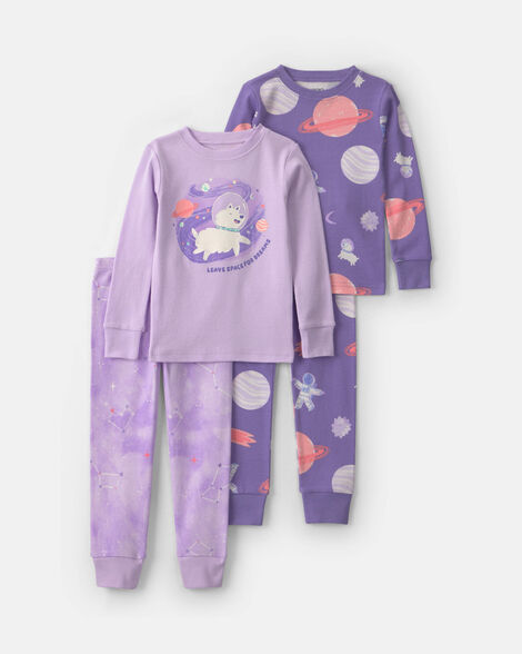 toddler girl 4-piece space dog 100% cotton snug fit pajama set - purple